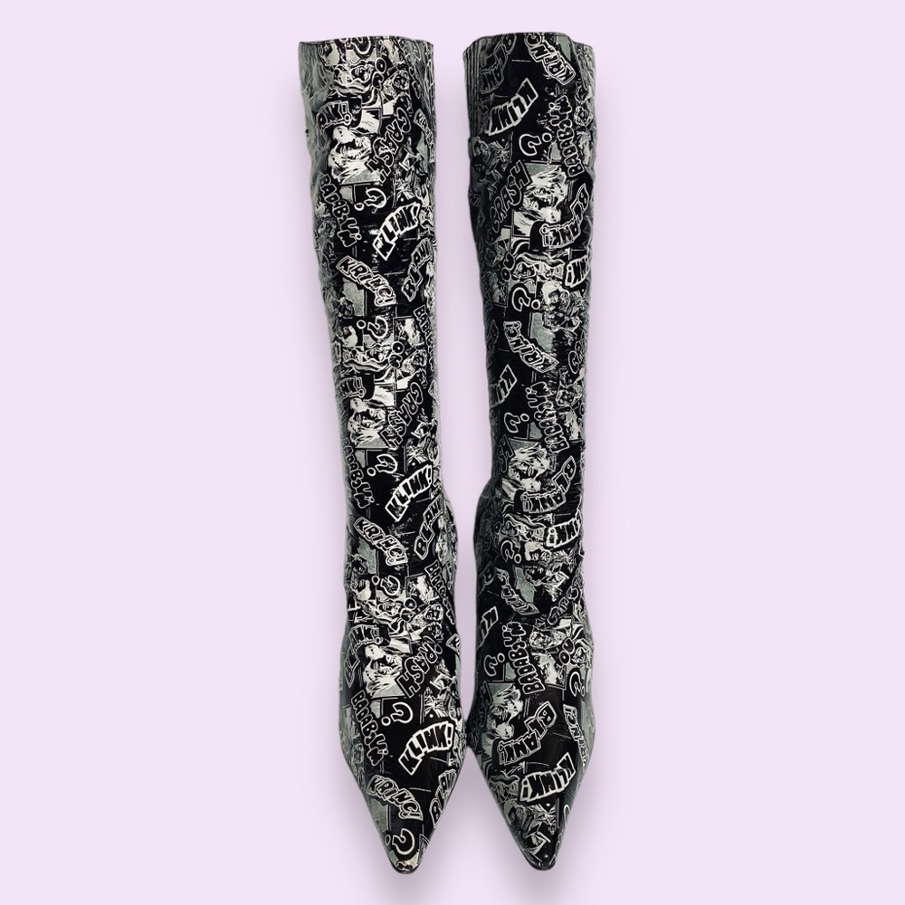 NEW Miss Trendy Comic Print Marvel Point Toe Stiletto Knee Boots *Flaws* SZ 11 - Picture 4 of 14